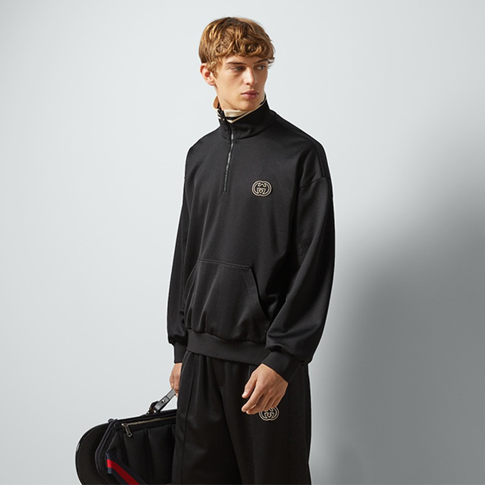 gucci monogram jacquard panel half‑zip stand collar sweatshirt